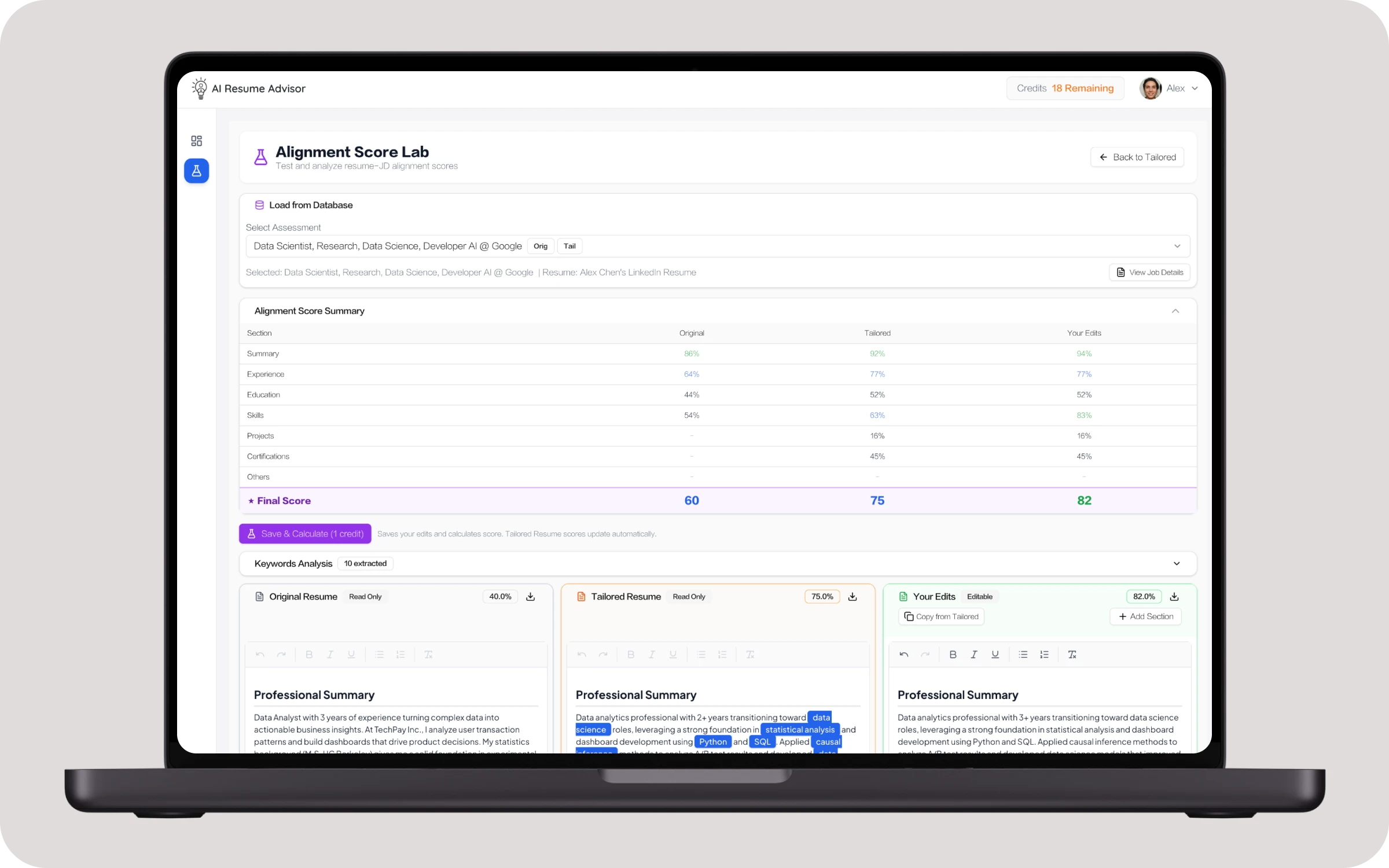 Alignment Lab showing resume comparison with original, tailored, and edited versions