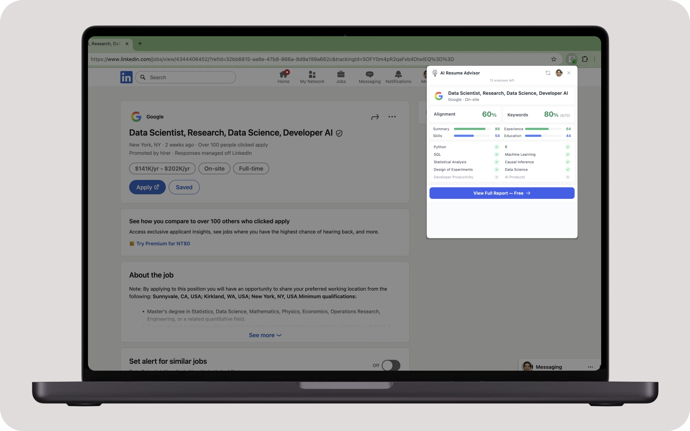 AI Resume Advisor Chrome extension showing job match score on LinkedIn