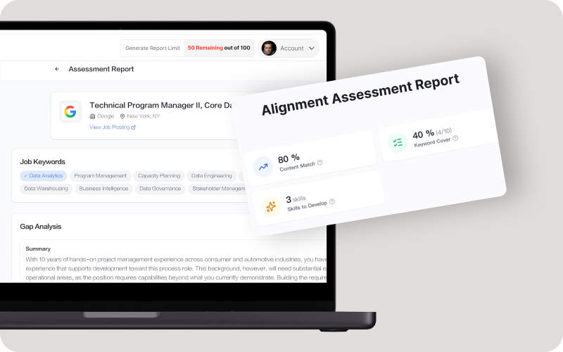 Resume alignment score analysis showing match percentage and skill breakdown