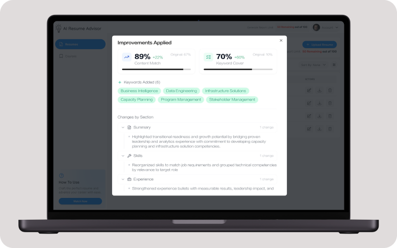 AI-powered resume rewriting interface with before and after comparison